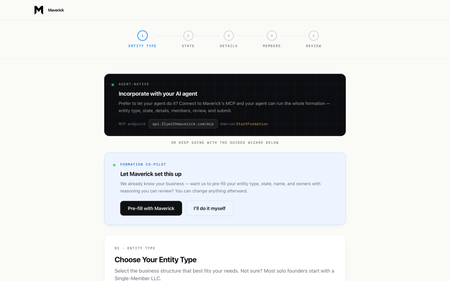 Maverick formation flow offering an agent-native path, a formation co-pilot, and a guided entity selection wizard