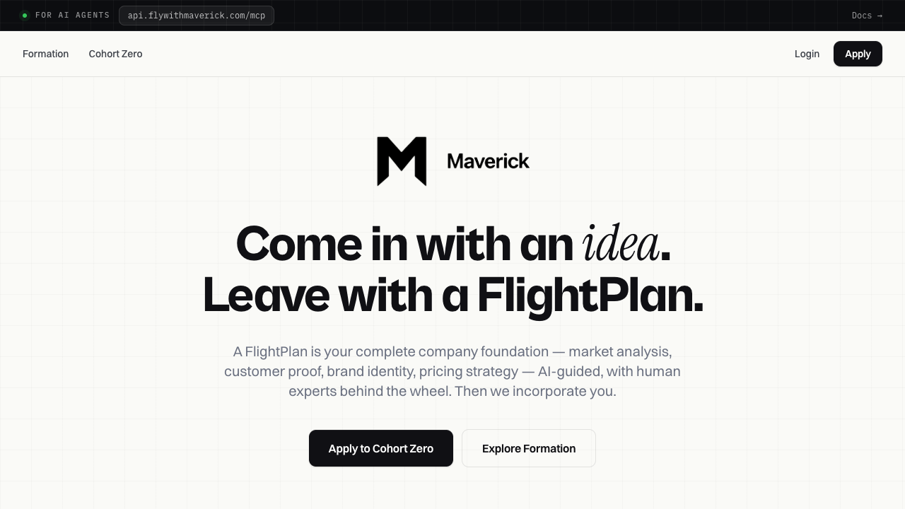 Maverick homepage showing the FlightPlan from idea through evidence and company formation