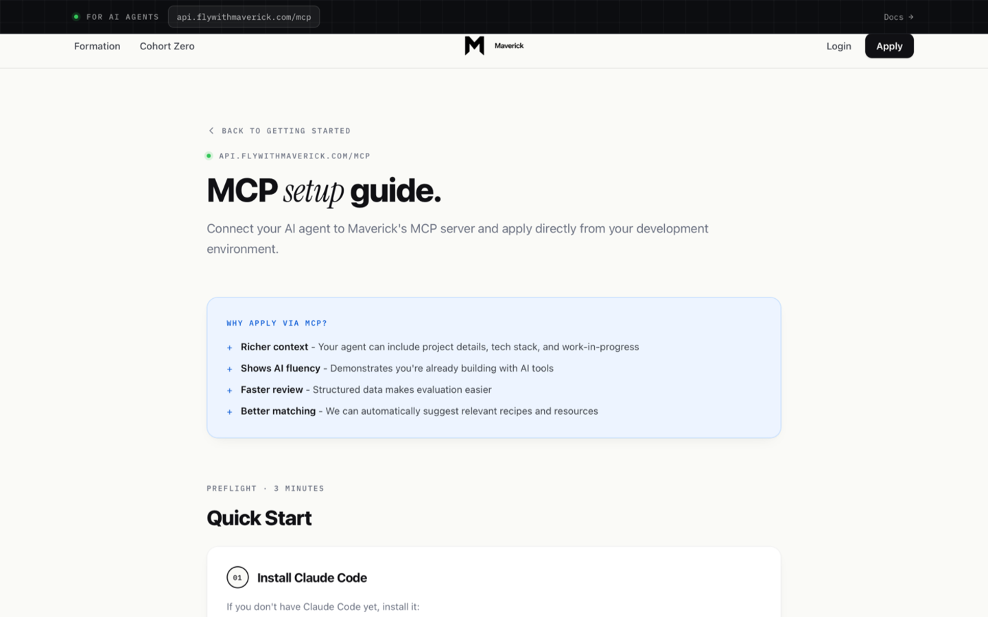 Maverick MCP setup guide showing how an agent connects to the product with richer project context and structured review