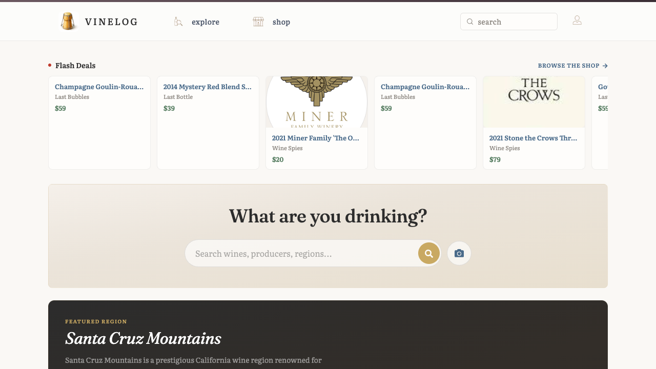 Live Vinelog homepage with wine deals, bottle search, and regional discovery