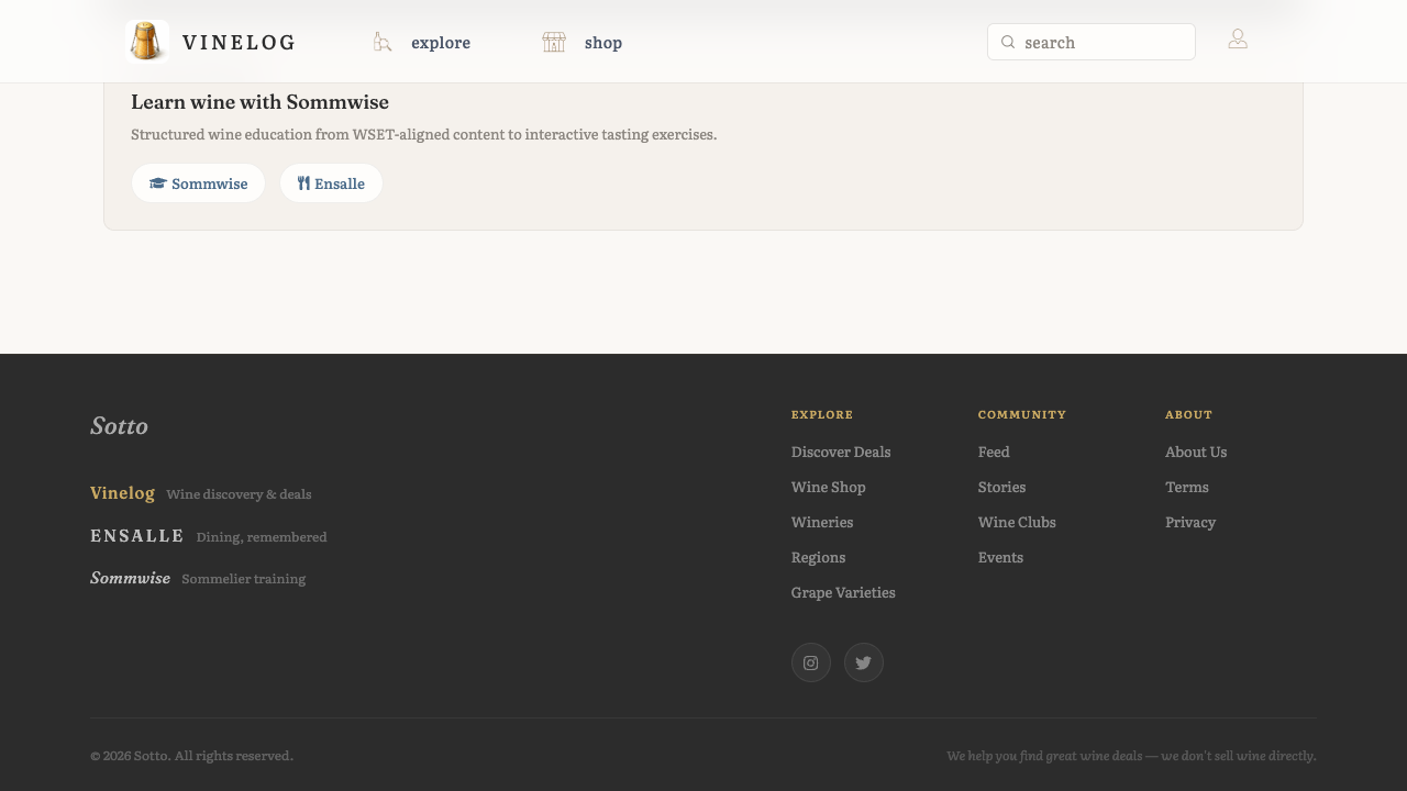 Vinelog page showing the Sotto ecosystem links for Vinelog, Ensalle, and Sommwise